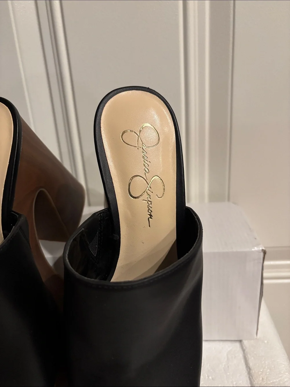 Jessica Simpson Black Platform Slide with Wood-Effect Heel